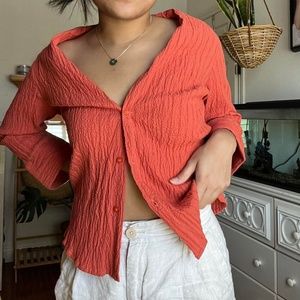 Women's Linen Coral-Red Button Up Blouse